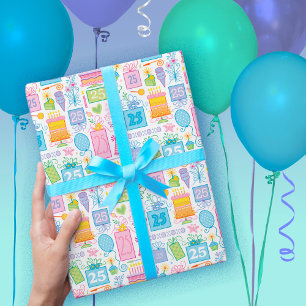 25th Birthday Pastel Pink Cake Presents Balloons Wrapping Paper Sheet
