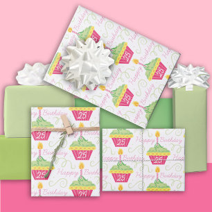 25th Birthday Pink Green Cupcakes Wrapping Paper Sheet