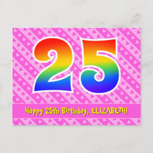 25th Birthday: Pink Stripes & Hearts, Rainbow 25 Postcard