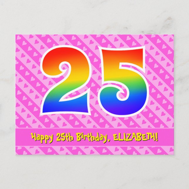 25th Birthday: Pink Stripes & Hearts, Rainbow 25 Postcard (Front)