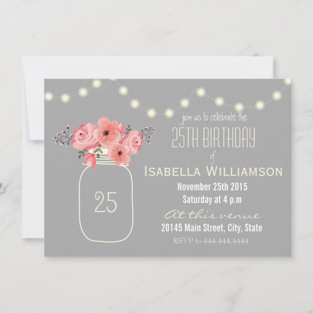 25th Birthday Pink Watercolor Flowers & Mason Jar Invitation (Front)
