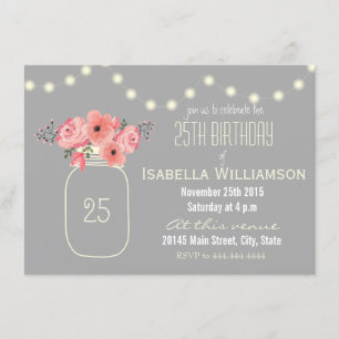 25th Birthday Pink Watercolor Flowers & Mason Jar Invitation