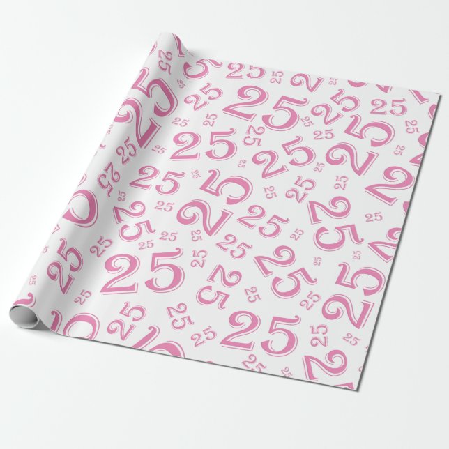 25th Birthday Pink/White Random Number Pattern 25 Wrapping Paper (Unrolled)