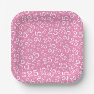 25th Birthday Pink/White Random Number Pattern Paper Plate