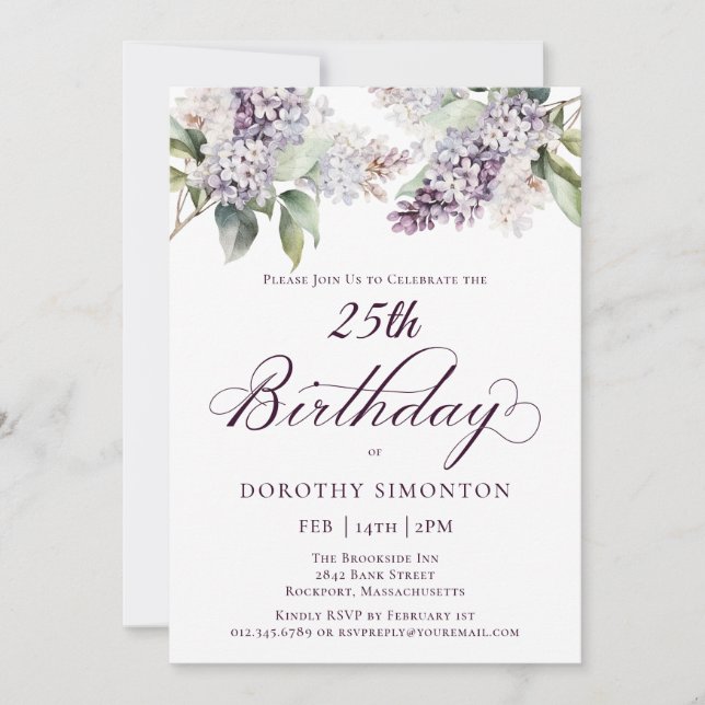 25th Birthday Purple Spring Lilac Flower Invitation (Front)