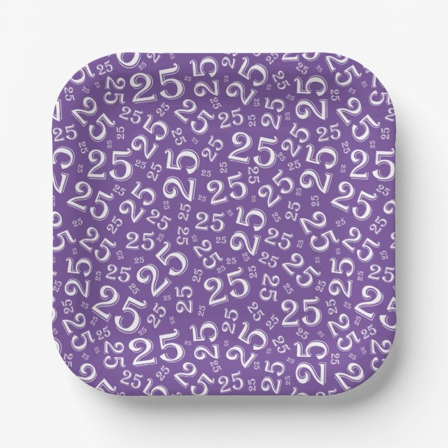 25th Birthday Purple/White Random Number Pattern Paper Plate (Front)