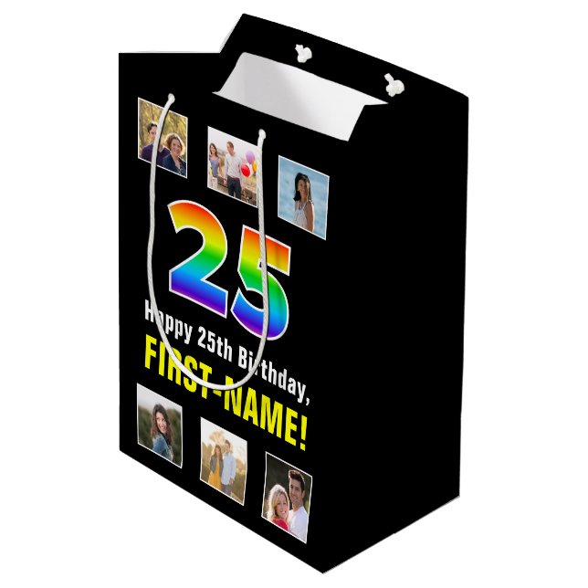 25th Birthday: Rainbow “25“, Custom Photos & Name Medium Gift Bag (Back Angled)