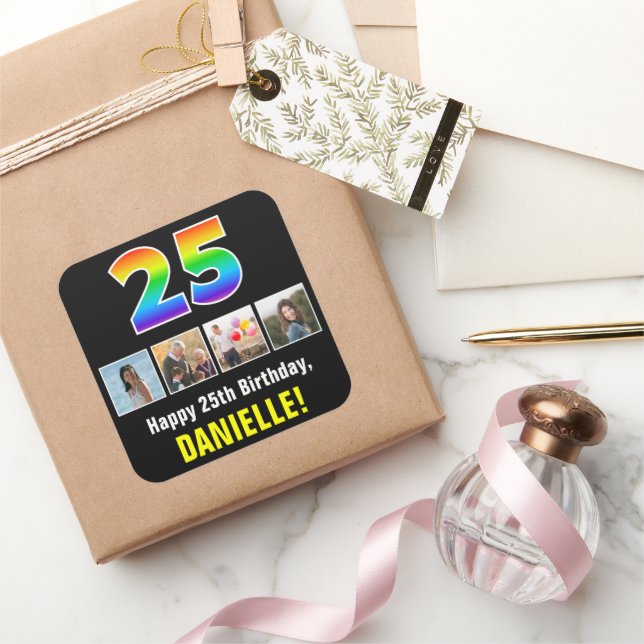 25th Birthday: Rainbow “25”; Custom Photos & Name Square Sticker (Gifting)