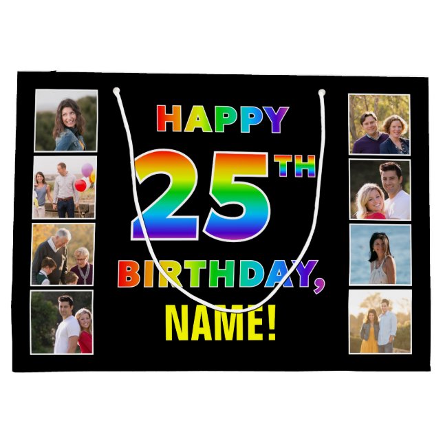 25th Birthday: Rainbow Text, Custom Photos & Name Large Gift Bag (Back)