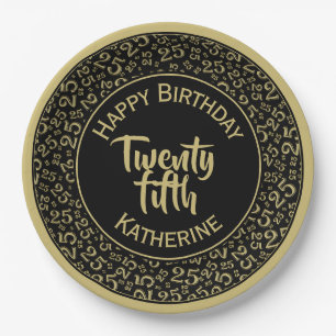 25th Birthday Random Number Pattern 25 Black/Golfd Paper Plate