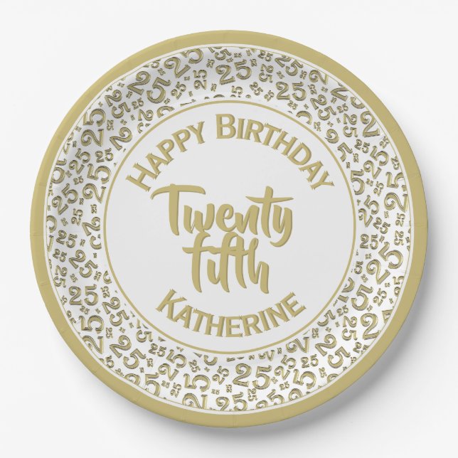 25th Birthday Random Number Pattern 25 Gold/White Paper Plate (Front)