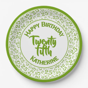 25th Birthday Random Number Pattern 25 Green/White Paper Plate