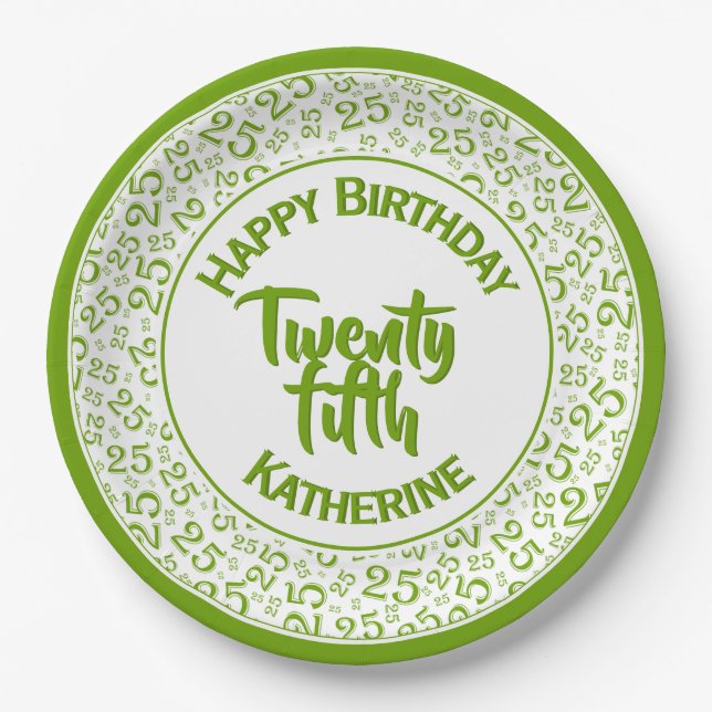 25th Birthday Random Number Pattern 25 Green/White Paper Plate (Front)