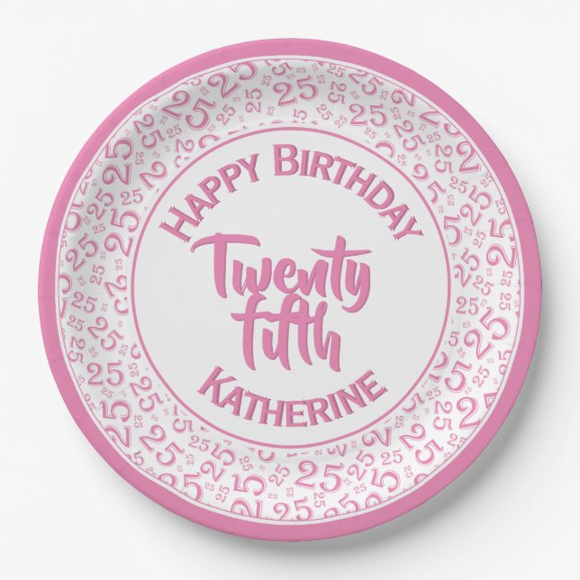25th Birthday Random Number Pattern 25 Pink/White Paper Plate (Front)