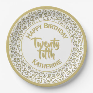 25th Birthday Random Number Pattern Gold/White Paper Plate