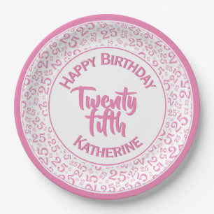 25th Birthday Random Number Pattern Pink/White Paper Plate