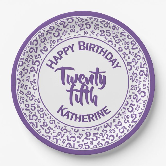 25th Birthday Random Number Pattern Purple/White Paper Plate (Front)