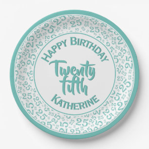 25th Birthday Random Number Pattern Teal/White Paper Plate