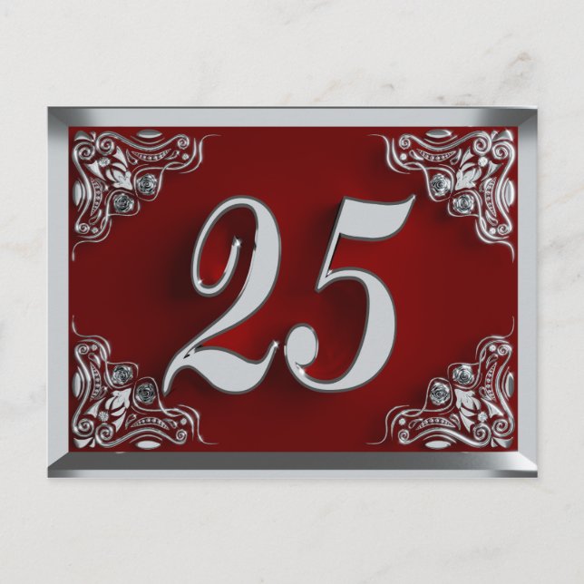 25th Birthday Regal Silver Red Invitation Postcard (Front)