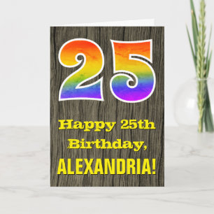 25th Birthday: Rustic Faux Wood Look, Rainbow "25" Card