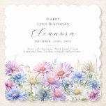 25th Birthday September Birth Flower Custom Paper Coaster<br><div class="desc">Perfect table decor for an September birthday party. Aster is the birth flower for that month. It forms a pretty watercolor bottom border on this floral personalised coaster. The birthday guest of honour's name,  age and birthdate are placed above it using elegant calligraphy and typography. All text is editable.</div>