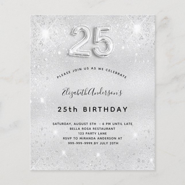 25th birthday silver glitter budget invitation (Front)