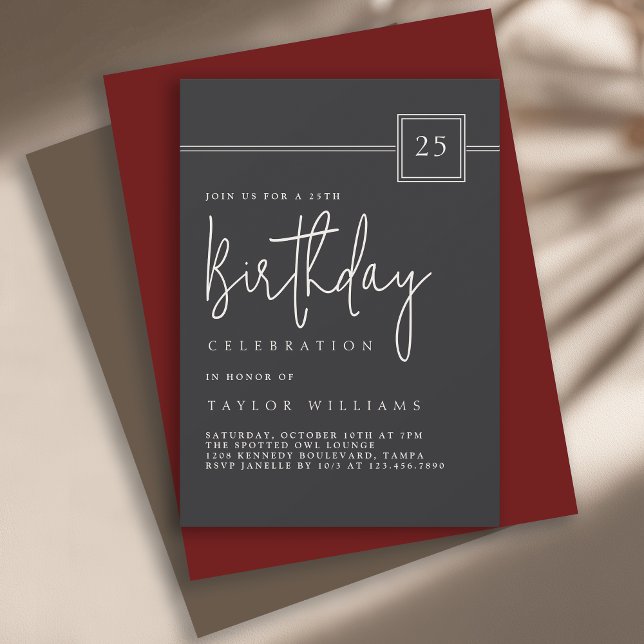 25th Birthday Simple Minimalist Flat Black  Invitation (Available in both printed and instant download digital formats.)