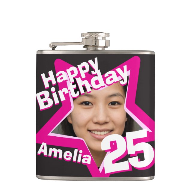 25th birthday star photo girls hip flask (Front)