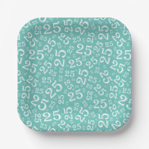 25th Birthday Teal/White Random Number Pattern Paper Plate