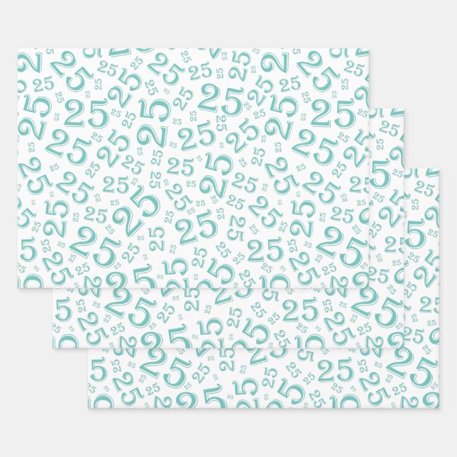 25th Birthday Teal & White Random Number Pattern Wrapping Paper Sheet (Set)