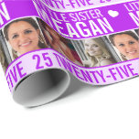 25th birthday three photos purple sister wrapping paper<br><div class="desc">Graphic purple,  and white with a little white heart sister birthday wrapping paper. Bright graphic birthday wrap with three placeholders for your own photos and to customise with your own name,  age,  and inside message. A matching birthday card is also available. Unique design by Sarah Trett for www.mylittleeden.com</div>