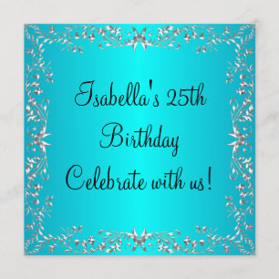 25th Birthday Turquoise & Silver Floral Metal Invitation