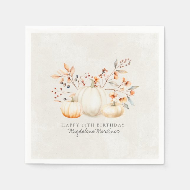 25th Birthday White Pumpkin Fall Leaves Custom Napkin (Front)