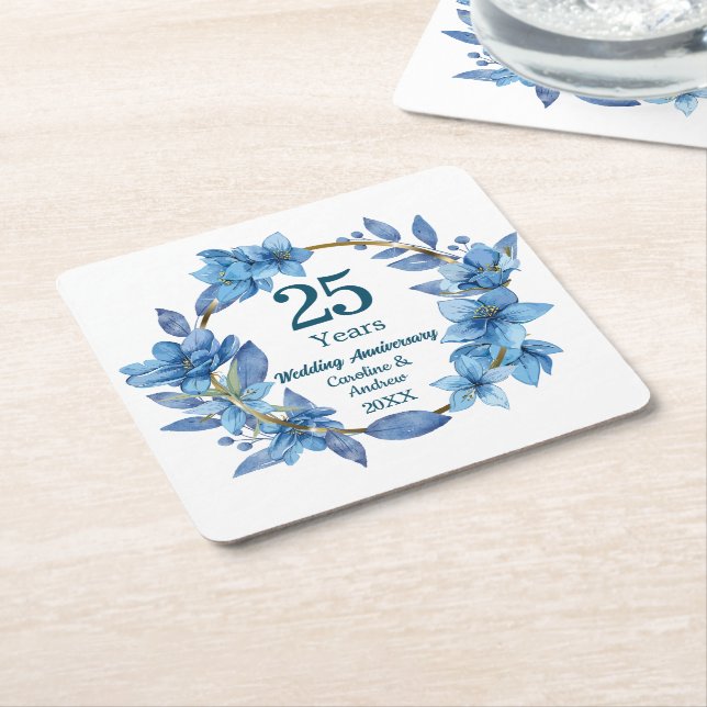 25th Blue Floral Silver Wedding Anniversary Square Paper Coaster (Angled)