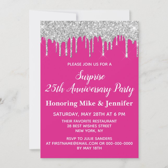 25th Bright Pink Silver Surprise Anniversary Party Invitation (Front)