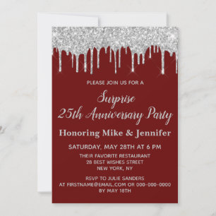 25th Burgundy & Silver Surprise Anniversary Party Invitation