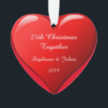 25th Christmas Together Cute Heart 2019 Red Ornament<br><div class="desc">Designed for Christmas 2019,  this is designed with cute romantic red heart design in solid red background and personalised text templates for entering your names. Perfect romantic gift for couple celebrating their 25th Christmas together.</div>