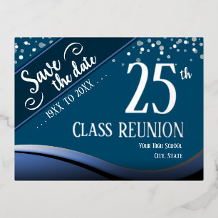 25th Class Reunion Elegant blue Foil Holiday Postcard