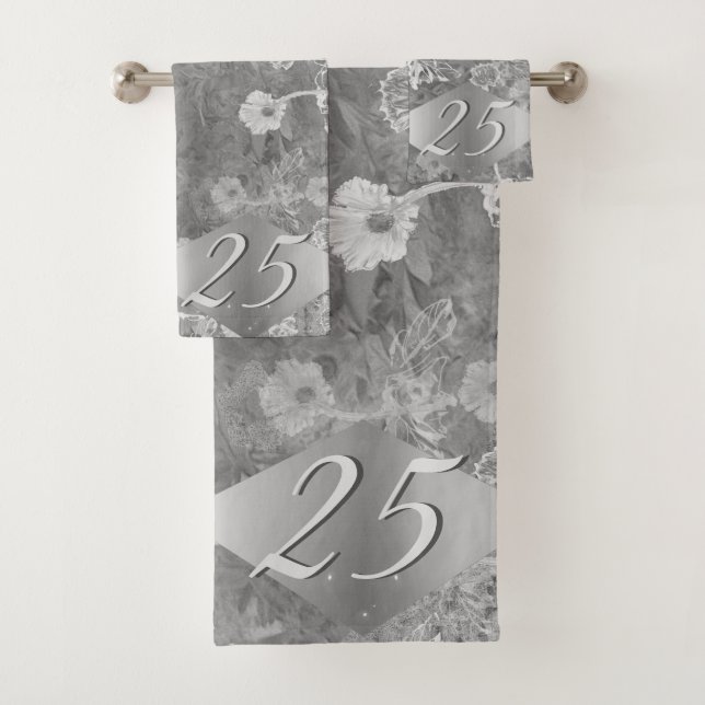 25th/Custom Anniversary Grey Floral Bath Towel Set (Insitu)