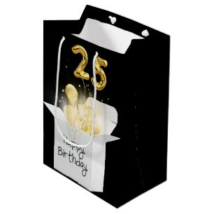 25th Gold Birthday Balloons in White Box Medium Gift Bag