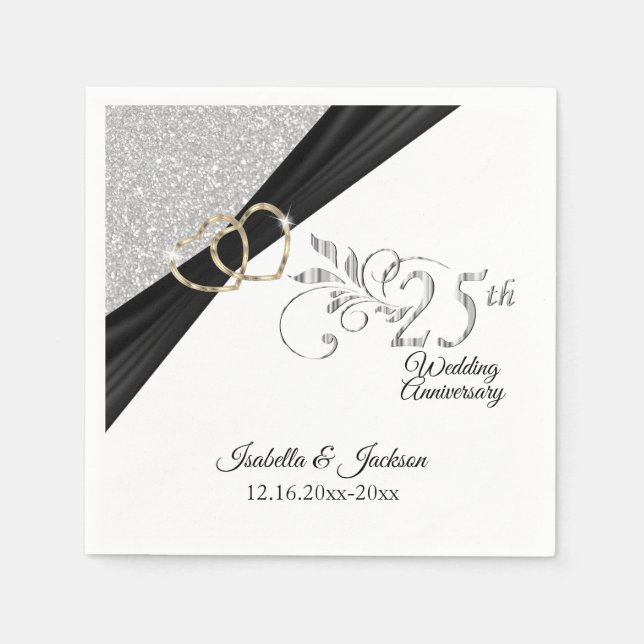 25th Gold Hearts and Silver Glitter Anniversary Napkin (Front)