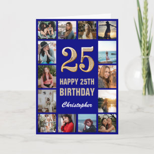 25th Happy Birthday Navy Blue & Gold Photo Collage Card