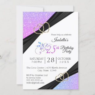 25th Multi Colour Glitter and Gold Heart Birthday Invitation