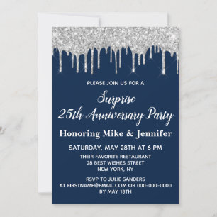 25th Navy Silver Surprise Anniversary Invitations
