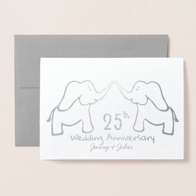 25th or any Silver Wedding Anniversary elephant Foil Card (Front With Envelope)