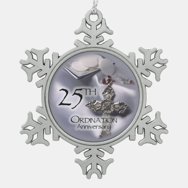 25th Ordination Anniversary Cross Host Snowflake Pewter Christmas Ornament (Front)