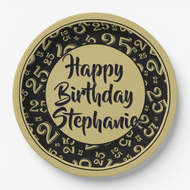 25th Party Random Number Pattern Black/Gold Paper Plate (Front)