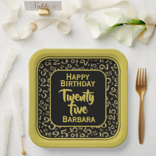 25th Party Random Number Pattern Black/Gold Paper Plate