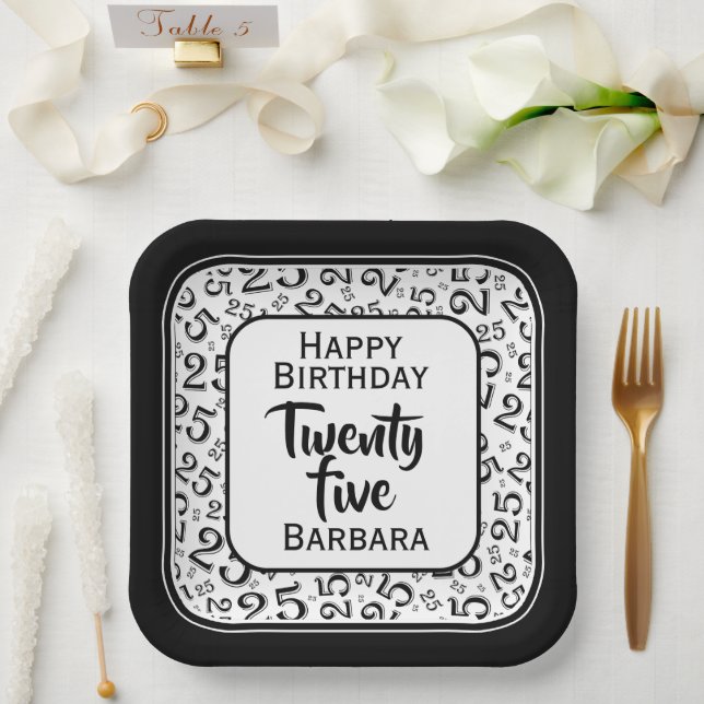 25th Party Random Number Pattern Black/White Paper Plate (Wedding)