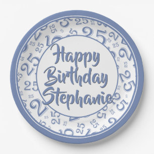25th Party Random Number Pattern Blue/White Paper Plate